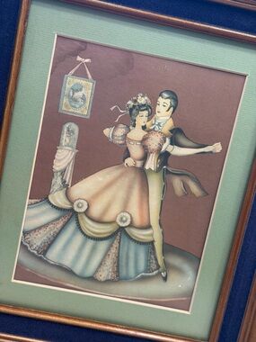 Vintage 1940’s Romantic Framed Print. Navy Velour Edge. 11.25x13.25